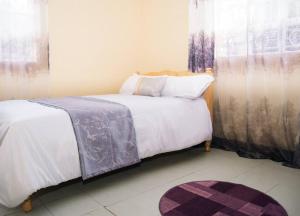 尼耶利Jenna stays的一间卧室配有一张带白色床单和紫色毯子的床。