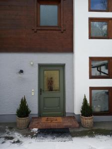 玛丽亚阿尔姆Rosi`s的两棵盆栽植物的房子上的绿门