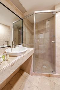 墨西哥城特卡套房酒店的一间带水槽和淋浴的浴室