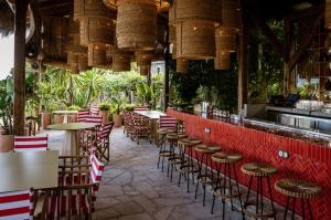 圣地亚哥－德孔波斯特拉Casa Beatnik Hotel的一间设有桌椅的餐厅,种植了植物