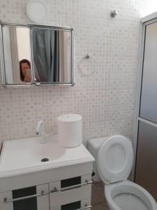 弗洛里亚诺波利斯Apartamento Atobá的一间带卫生间、水槽和镜子的浴室
