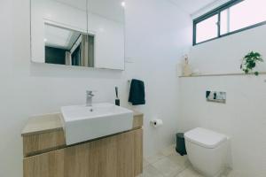 悉尼‘The Lumos’ Designer home Close to Olympic Park的一间带水槽和卫生间的浴室