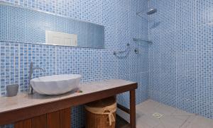 博瓦隆The Beach House的蓝色瓷砖浴室设有水槽和镜子