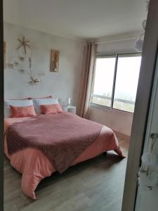 Lachapelle-AuzacLAPAUSEDEGOUT piscine table d'hôtes chambres climatisées terrasse ou patio的卧室配有粉红色的床和窗户。