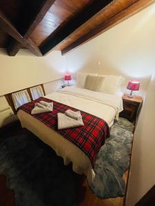 阿拉霍瓦Parnassos Snow Hill Chalet的一间卧室配有一张床,上面有两条毛巾