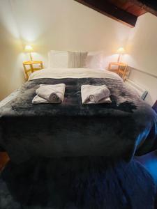 阿拉霍瓦Parnassos Snow Hill Chalet的一间卧室配有一张大床和两条毛巾