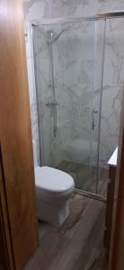 Vilar da VeigaCasa do Garrano - Gerês的一间带卫生间和玻璃淋浴间的浴室