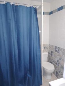 阿尔么丽亚Casa Violette的浴室配有蓝色的浴帘和卫生间