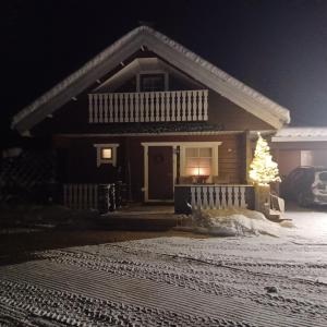 罗瓦涅米Villa Bear's的雪中有一棵圣诞树的房子