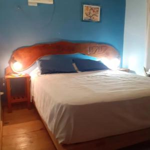 乌拉圭河畔康塞普西翁Cabañas Tierra Linda的一间卧室配有一张大床和木制床头板