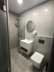 PieceDom Przyjęć EWA的一间带卫生间、水槽和镜子的浴室