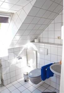 萨尔布吕肯Hotel am Schenkelberg的白色的浴室设有卫生间和水槽。