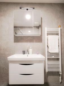 特雷比涅LanaMarija Apartment的白色的浴室设有水槽和镜子