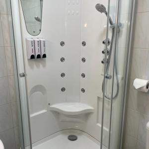 伦敦Abbey Point Hotel的带淋浴、卫生间和镜子的浴室