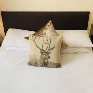 博特夫加滕Boat Country Inn and Restaurant的床上的枕头上挂着鹿的照片