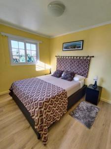 圣地亚哥Bello y cómodo departamento a minutos del centro的一间卧室配有一张带紫色床罩的床和窗户。