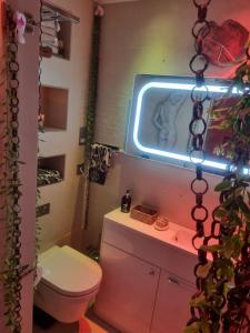 伦敦London Park Haven的一间带卫生间和 ⁇ 虹灯标志的浴室