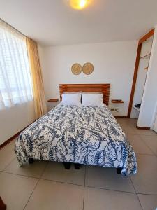 康塞普西翁Céntrico y cómodo departamento的一间卧室配有一张带蓝色和白色棉被的床
