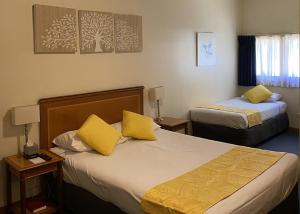 伊丘卡爱酷卡汽车旅馆的酒店客房 - 带两张带黄色枕头的床