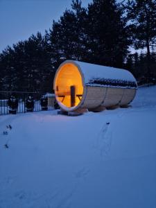涅兹卡城堡Mergen Bike & Ski Resort的一座圆的建筑,雪中点亮