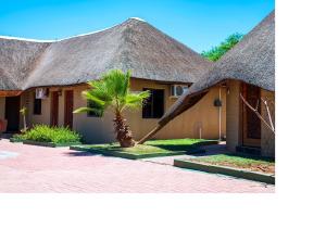 奥奇瓦龙戈MSC Hotel Otjiwarongo的一座房子,前面有茅草屋顶,上面有棕榈树