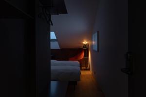 塔林Dunten Hotel的一间设有两张床的黑暗客房,墙上有一盏灯。