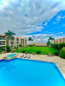 伯格埃拉伯Panacea Suites Hotel的度假村内带椅子和棕榈树的游泳池