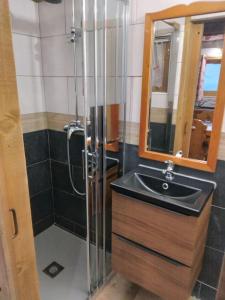 蒙查往Chalet La Plagne jacuzzi vue top的一间带水槽、淋浴和镜子的浴室