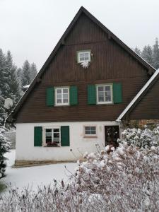 巴特埃尔斯特Ferienhaus am Wald的一座带绿色百叶窗和雪盖庭院的房子