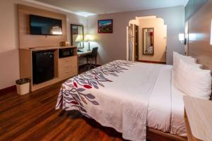 毕夏普Quality Inn Bishop near Mammoth的酒店客房设有一张大床和一张书桌。