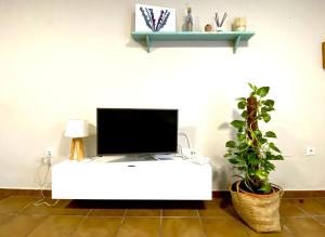 罗塔MyChoice Costa Atlántica by Bossh Apartments的植物间白色桌子上的电视