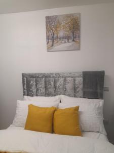 卢顿1 bed studio的一张带黄色枕头的床和上面的绘画