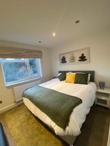 TotteridgeCosy North London 2 Bed Apartment in Woodside Park- Close to Station and Central London的一间卧室设有一张大床和一个窗户。
