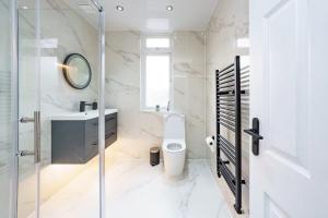 伦敦Modern apartment near Wembley Stadium的一间带卫生间、水槽和镜子的浴室