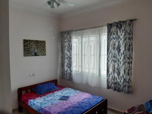 阿克拉Lovely 2-Bed House in Accra East legon hills的一间卧室设有一张床和一个窗口