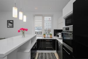 克拉科夫Black&White的白色的厨房,柜台上放着花瓶