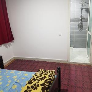 Id AÃ¯ssaHotel camping amtoudi的一间带淋浴的浴室和一张位于客房内的床