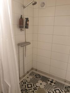 瓦斯泰纳Gårdshus med spabad utomhus的铺有黑白瓷砖地板的淋浴间