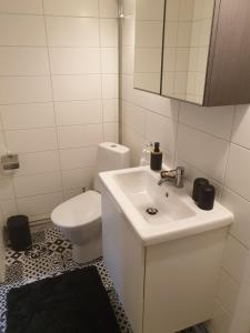 瓦斯泰纳Gårdshus med spabad utomhus的白色的浴室设有卫生间和水槽。