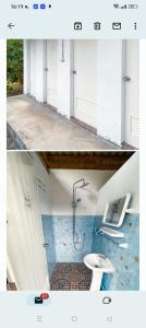 班柯木koh mook oyoy reggaebar bungalow的浴室的两张照片,配有水槽和淋浴
