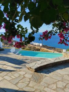 艾西奥斯索蒂斯Maison Simone with private heated infinity pool & spectacular sea view的一座拥有粉红色花卉和海洋的游泳池