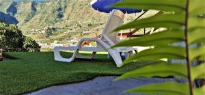 埃尔米瓜Casa Rural Nuevitas I的两把椅子坐在草地上,放在伞下