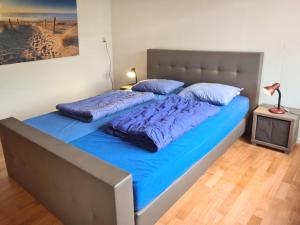 卡德赞德-班得Elli的卧室内的一张带蓝色床单的大床