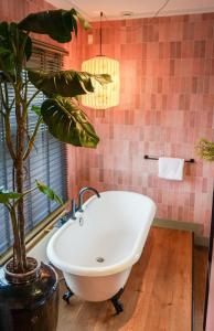 蒂尔堡Villa la Vida的浴室设有白色浴缸和盆栽植物