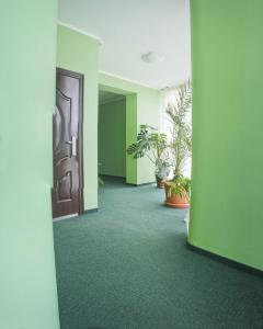 伊万诺-弗兰科夫斯克莫泰汽车旅馆的走廊上设有绿色的墙壁、门和植物