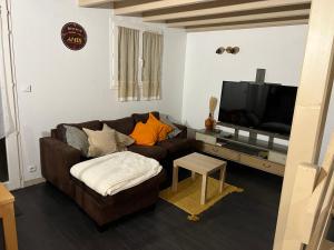 拉康提内勒Petite Pause Oléronaise的客厅配有棕色沙发和平面电视