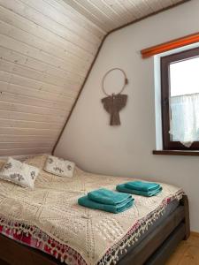 DwernikDwernik Bukowina Bieszczady的一间卧室配有一张带绿色枕头的床。