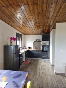珀蒂蒂勒Appartement océan Esparon的厨房配有黑色家电和木制天花板