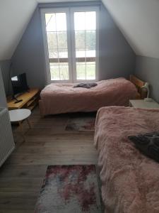 MilejczyceChata Nova的阁楼卧室设有两张床和窗户。