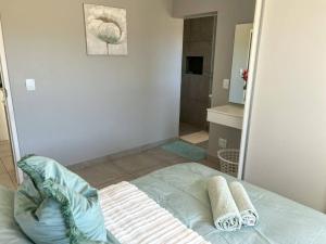 兰格班Langebaan Holiday Home的一间卧室配有一张带毛巾和淋浴的床